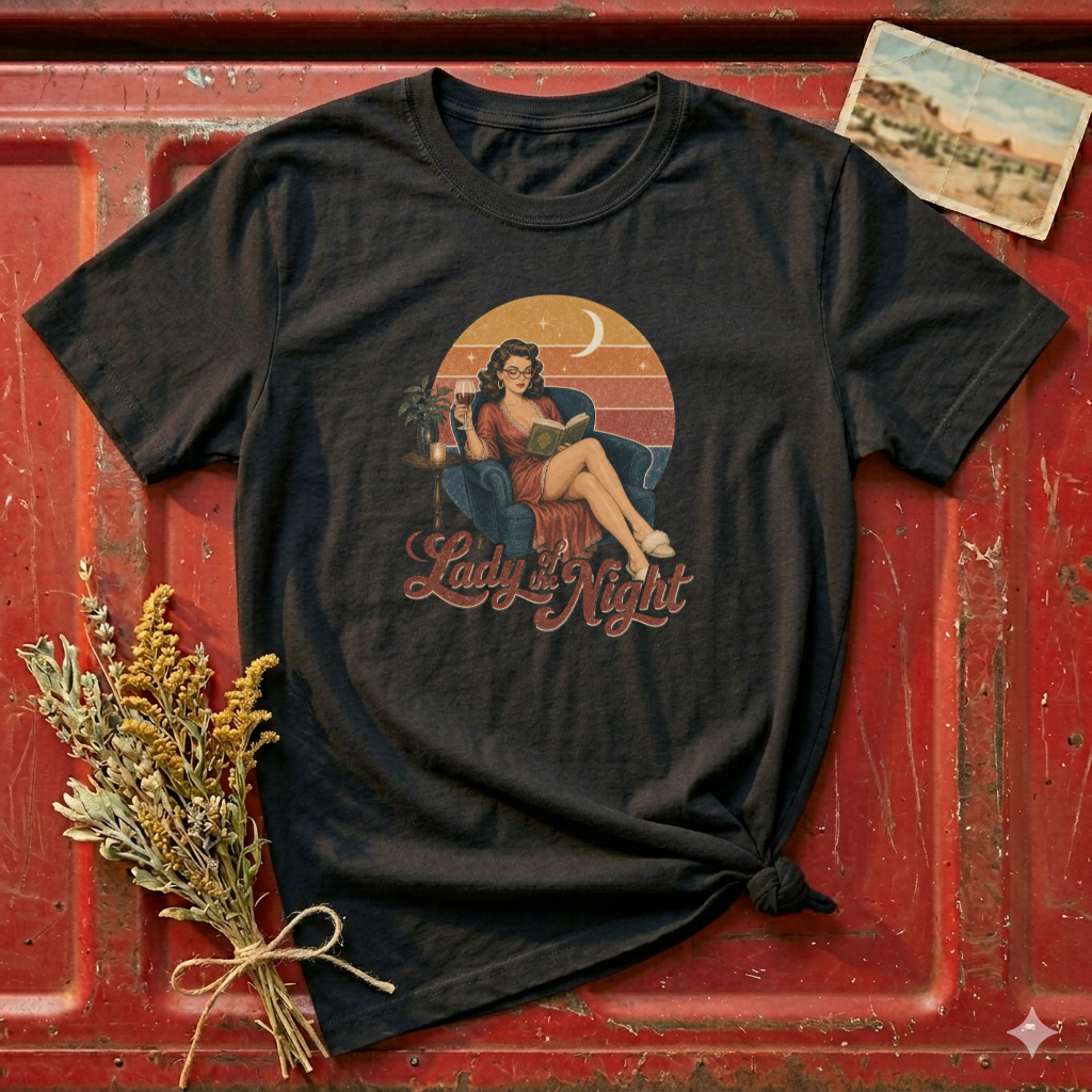 Lady of the Night Vintage Graphic T-Shirt — Retro Pinup Moonlit Reading Tee