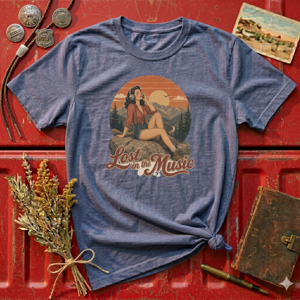 Retro Pin-Up 'Lost in Music' T-Shirt — Vintage Sunset Music Tee