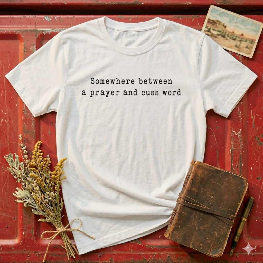 T-Shirt — “Somewhere Between a Prayer and Cuss Word” Minimalist Graphic Tee