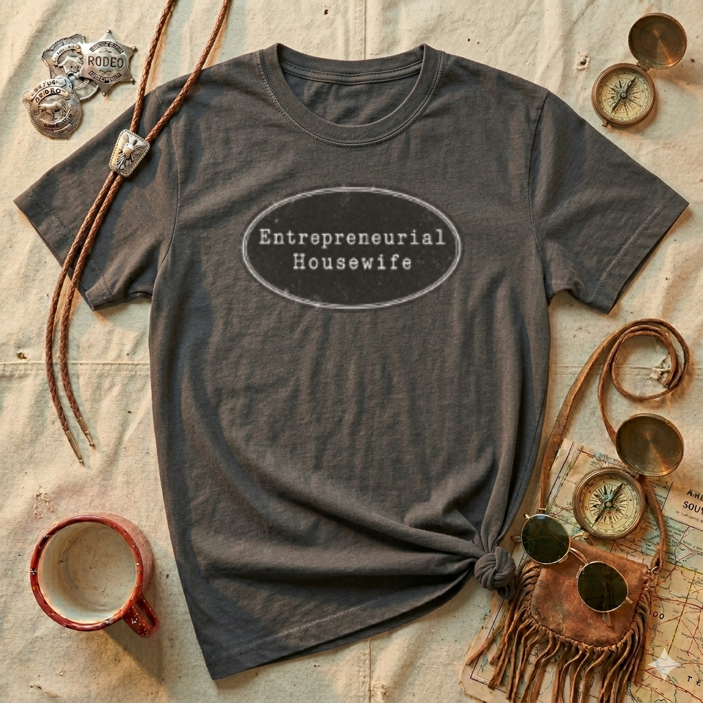 Entrepreneurial Housewife T-Shirt — Vintage Typewriter Badge Tee for Women Entrepreneurs