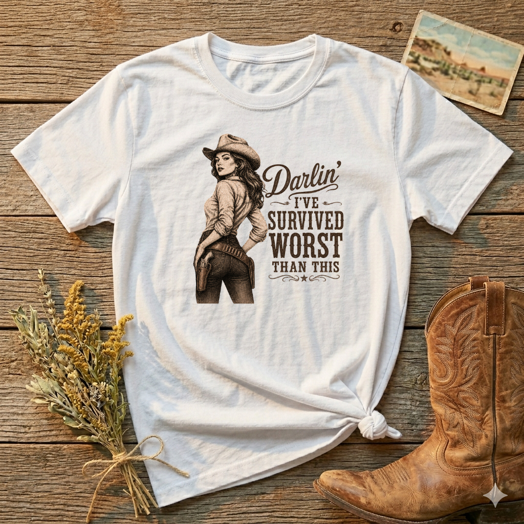 Cowgirl T‑Shirt — "Darlin' I've Survived Worse Than This" Vintage Western Tee