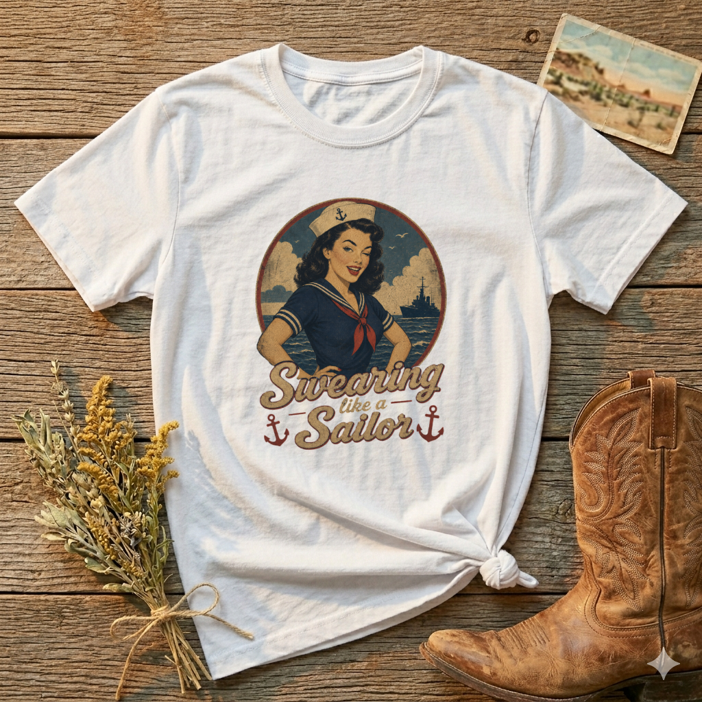 Vintage Sailor Girl T-Shirt — “Smoothing Like a Sailor” Retro Navy Pin-Up Tee