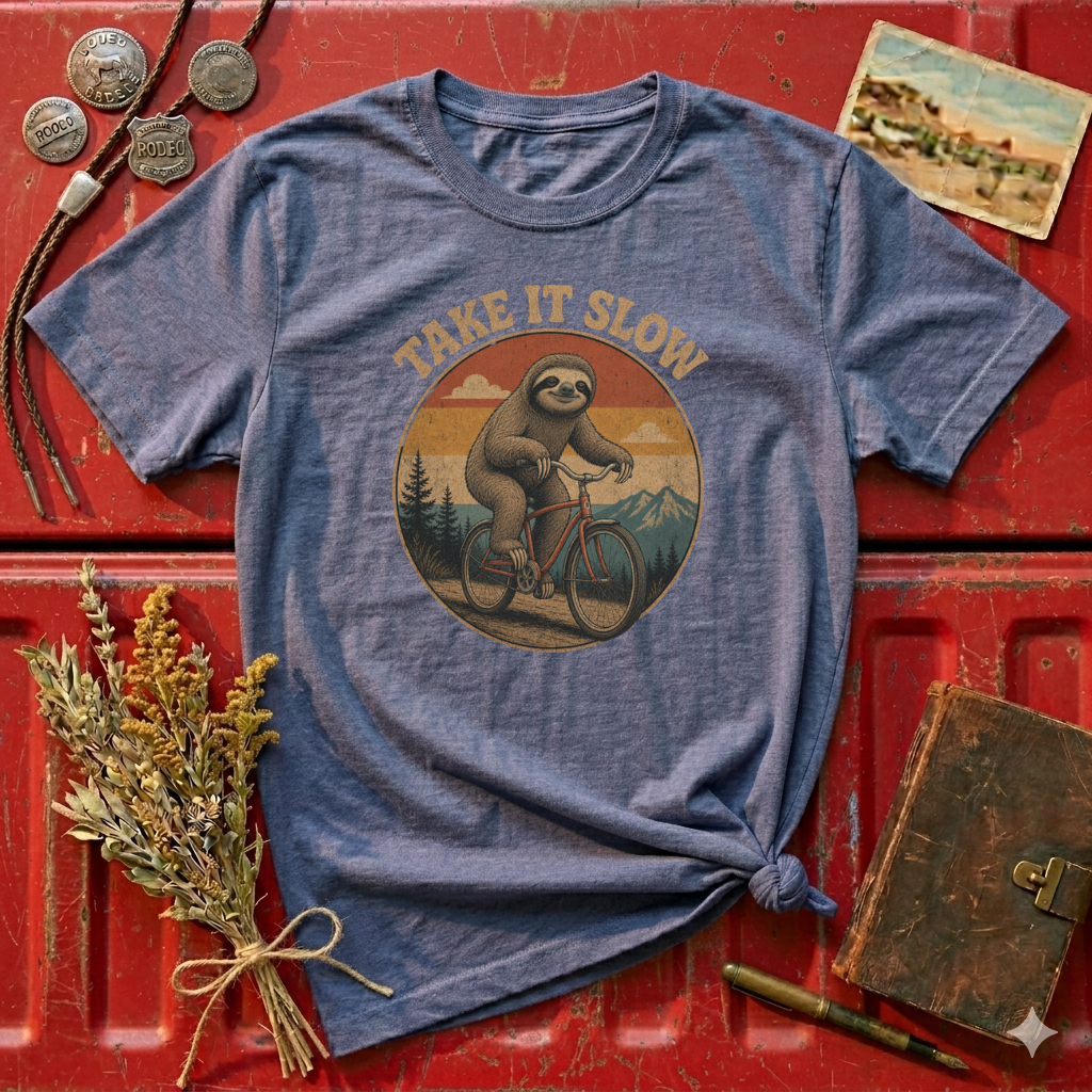 Take It Slow Sloth T-Shirt | Retro Sloth Bicycle Design