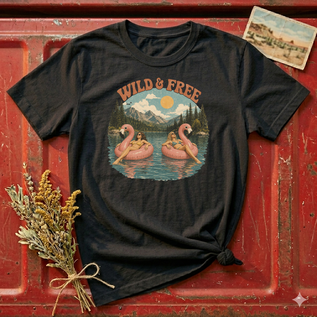 Wild & Free Vintage Nature T-Shirt — Flamingo Mountain Scenic Tee