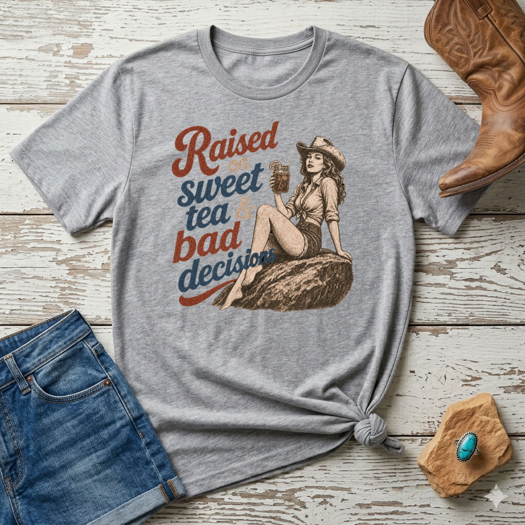 Raised on Sweet Tea & Bad Decisions T-Shirt — Southern Cowgirl Retro Graphic Tee