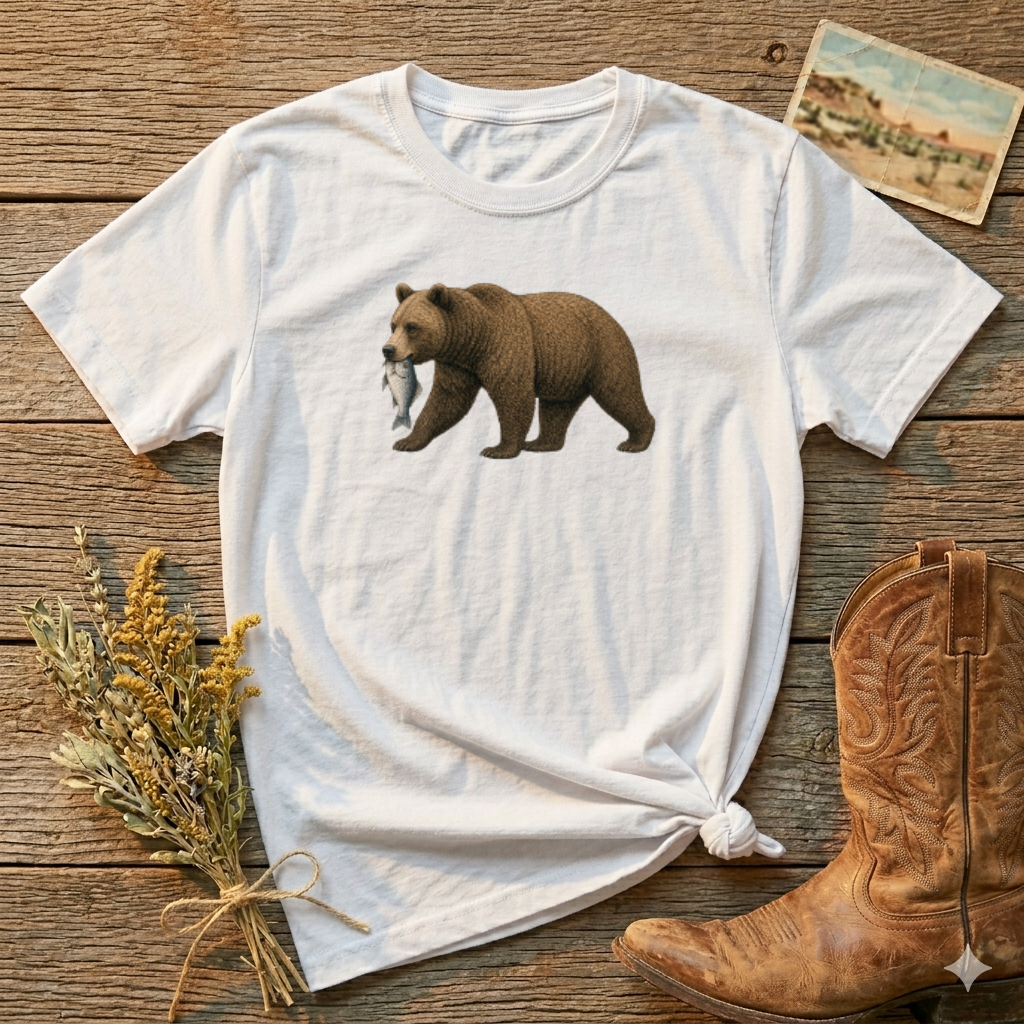 Bear with Fish T-Shirt — Rustic Wildlife Graphic Tee for Nature Lovers