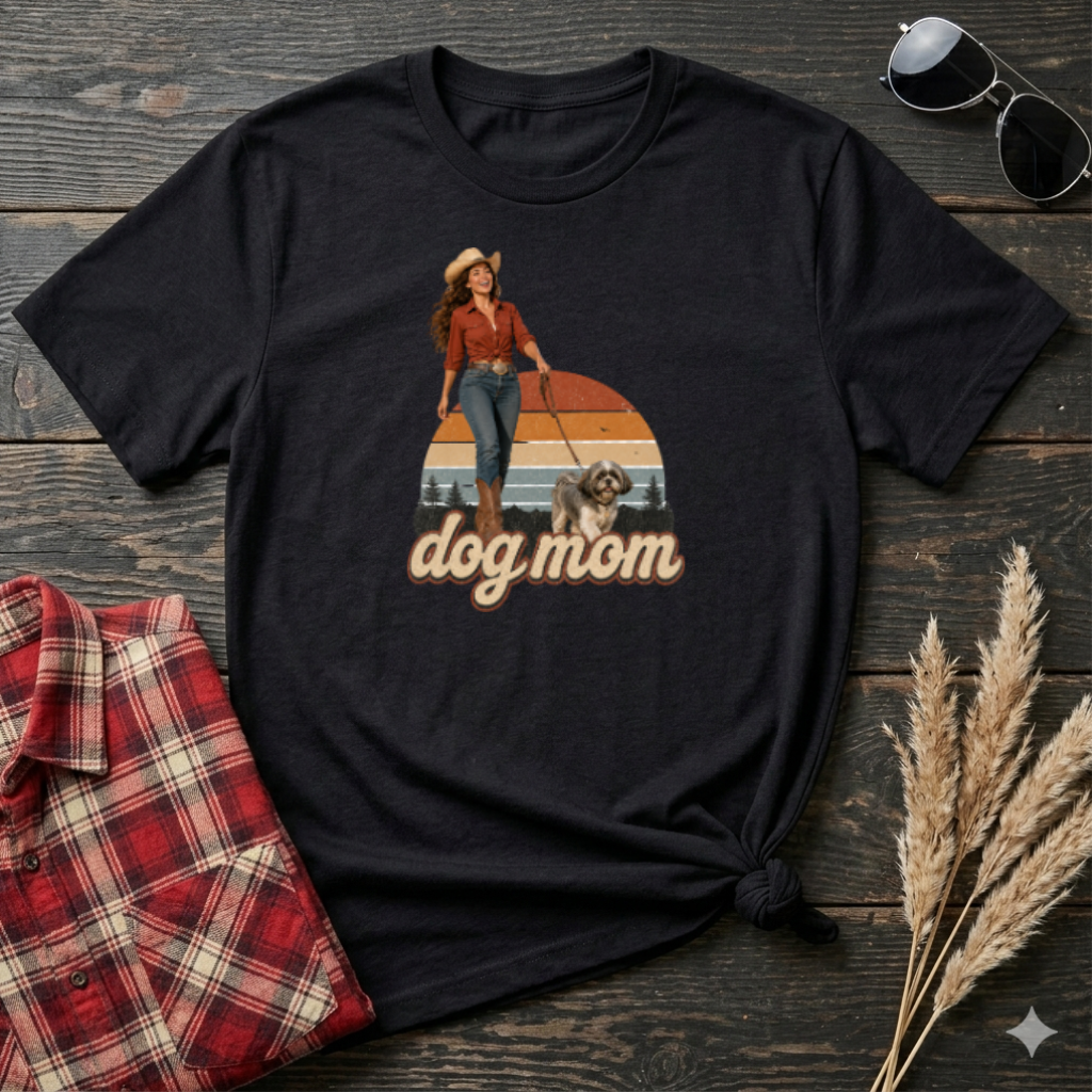 Dog Mom Western T-Shirt — Retro Cowgirl with Dog Graphic