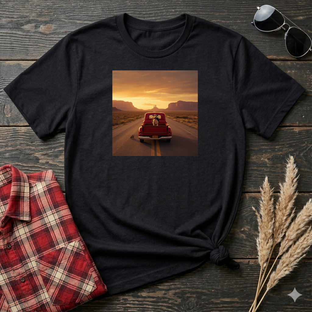 Sunset Road Trip T-Shirt — Retro Car Highway Scenic Tee