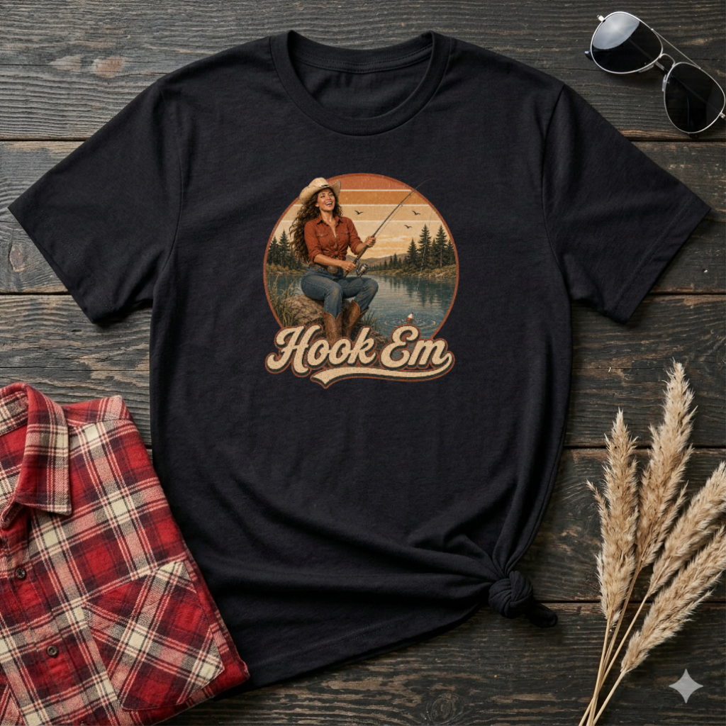 Fishing Graphic T‑Shirt — "Hook Em" Retro Outdoorswoman Tee
