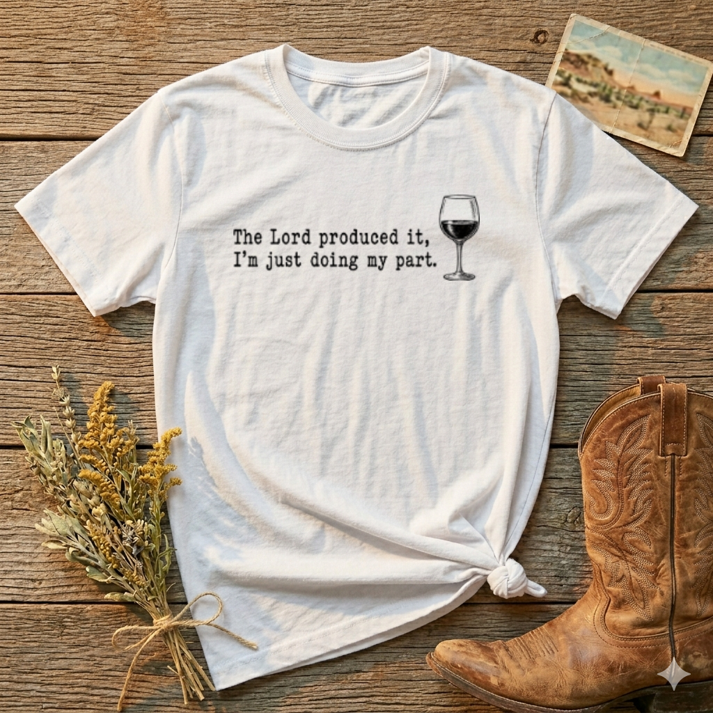 T-Shirt — "The Lord produced it, I'm just doing my part." Wine Glass Christian Humor Tee