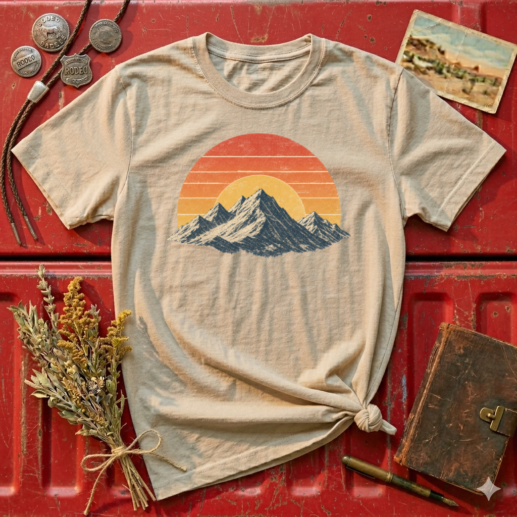 Vintage Sunset Mountain T-Shirt — Retro Scenic Graphic Tee