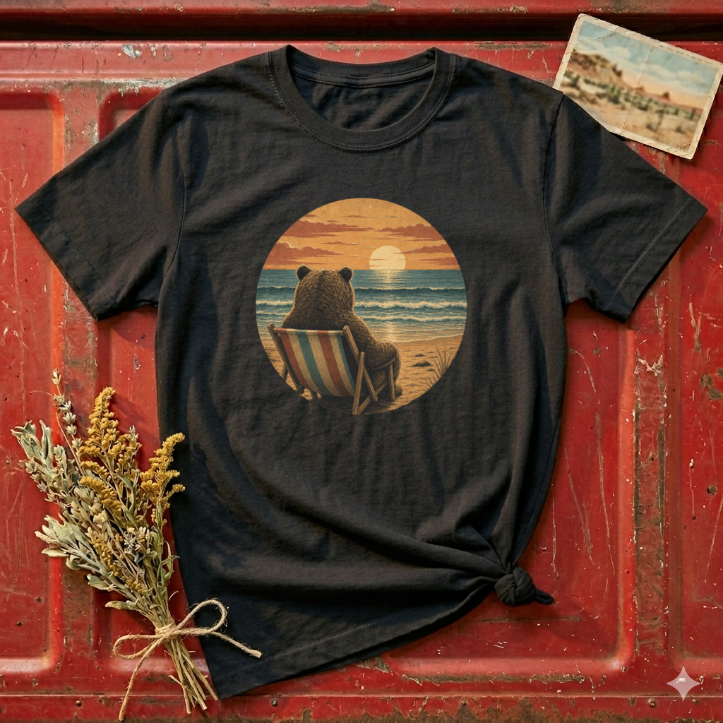 Bear Watching Sunset T‑Shirt — Retro Ocean Sunset Bear Graphic Tee