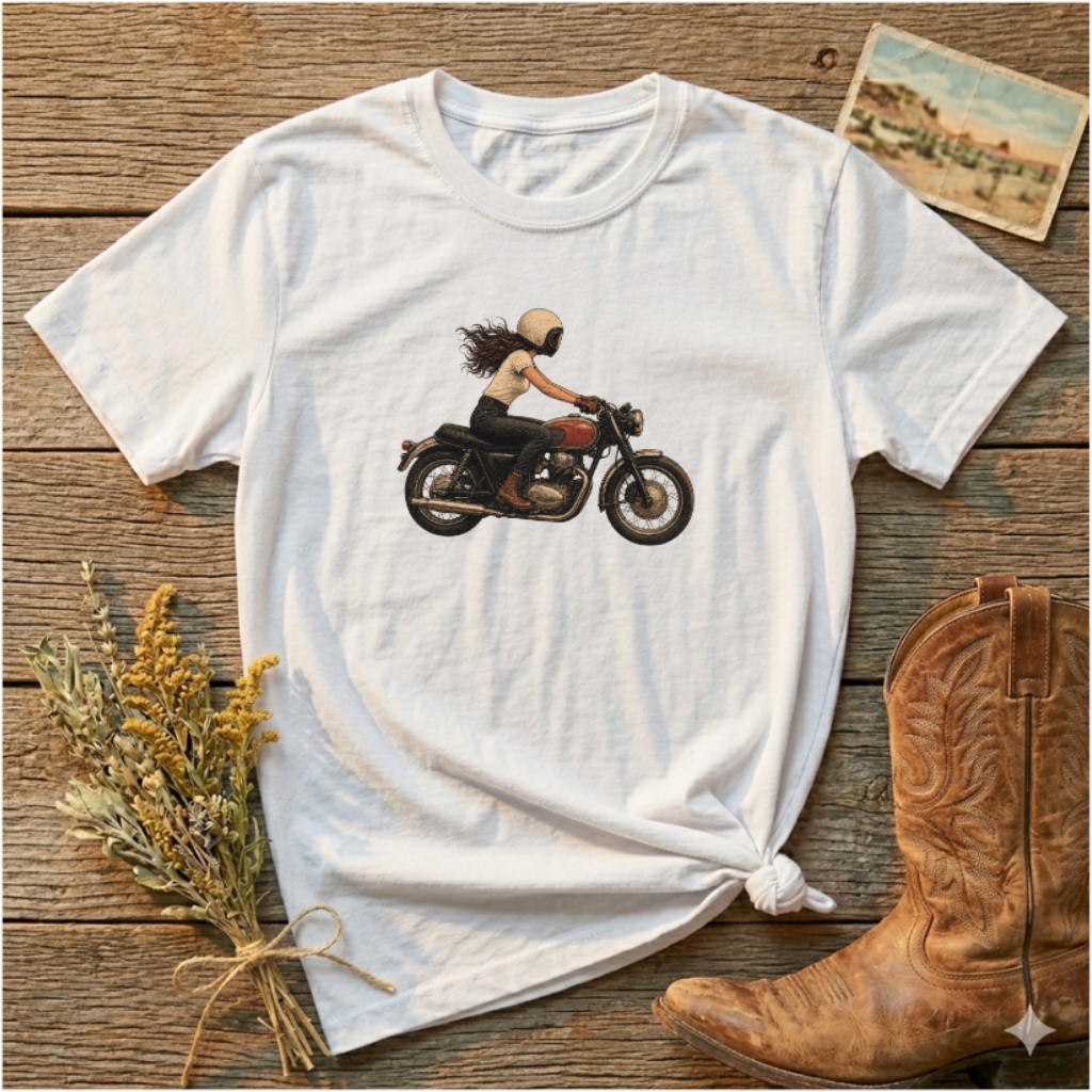 Motorcycle Rider Graphic T-Shirt — Woman on Vintage Bike Design