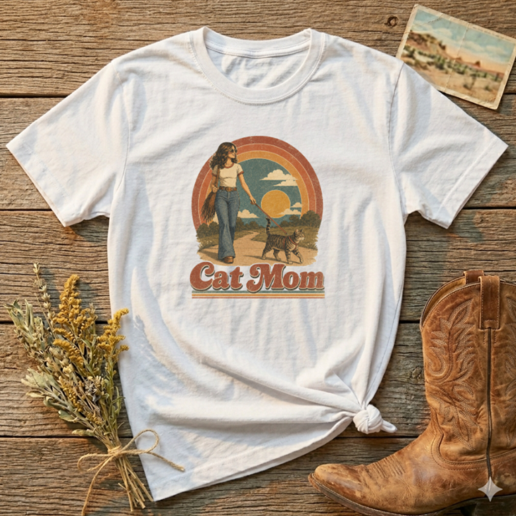 Retro 'Cat Mom' T-Shirt — Vintage Woman & Cat Graphic
