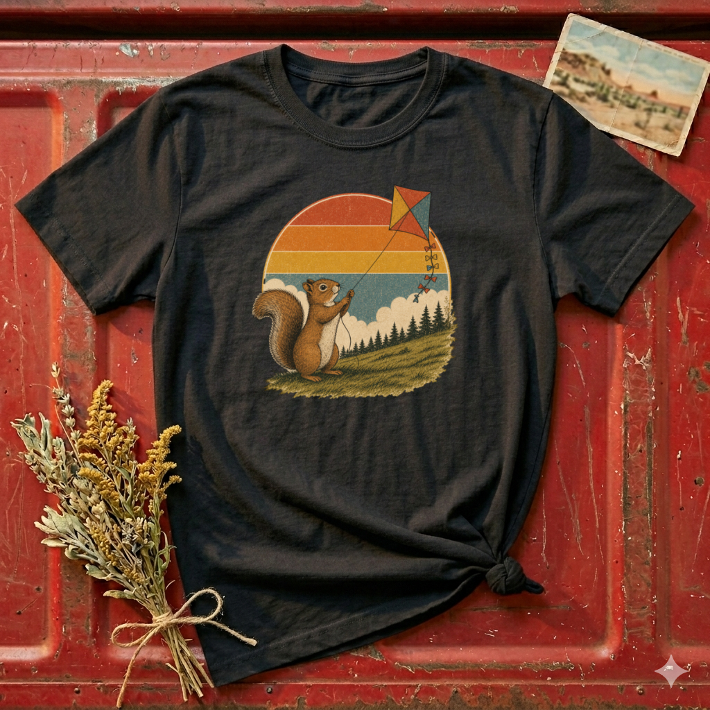 Retro Squirrel Kite T-Shirt — Vintage Sunset Nature Tee