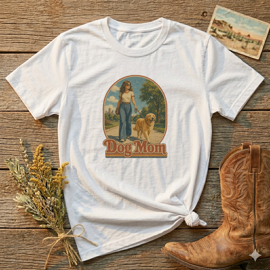 Dog Mom T-Shirt — Retro Woman Walking Dog Vintage Graphic Tee
