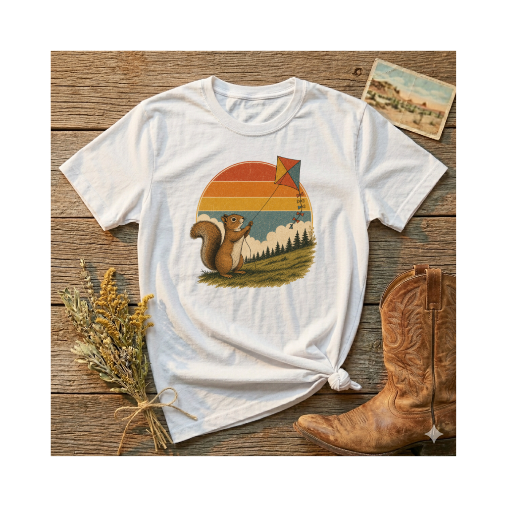 Retro Squirrel Kite T-Shirt — Vintage Sunset Nature Tee
