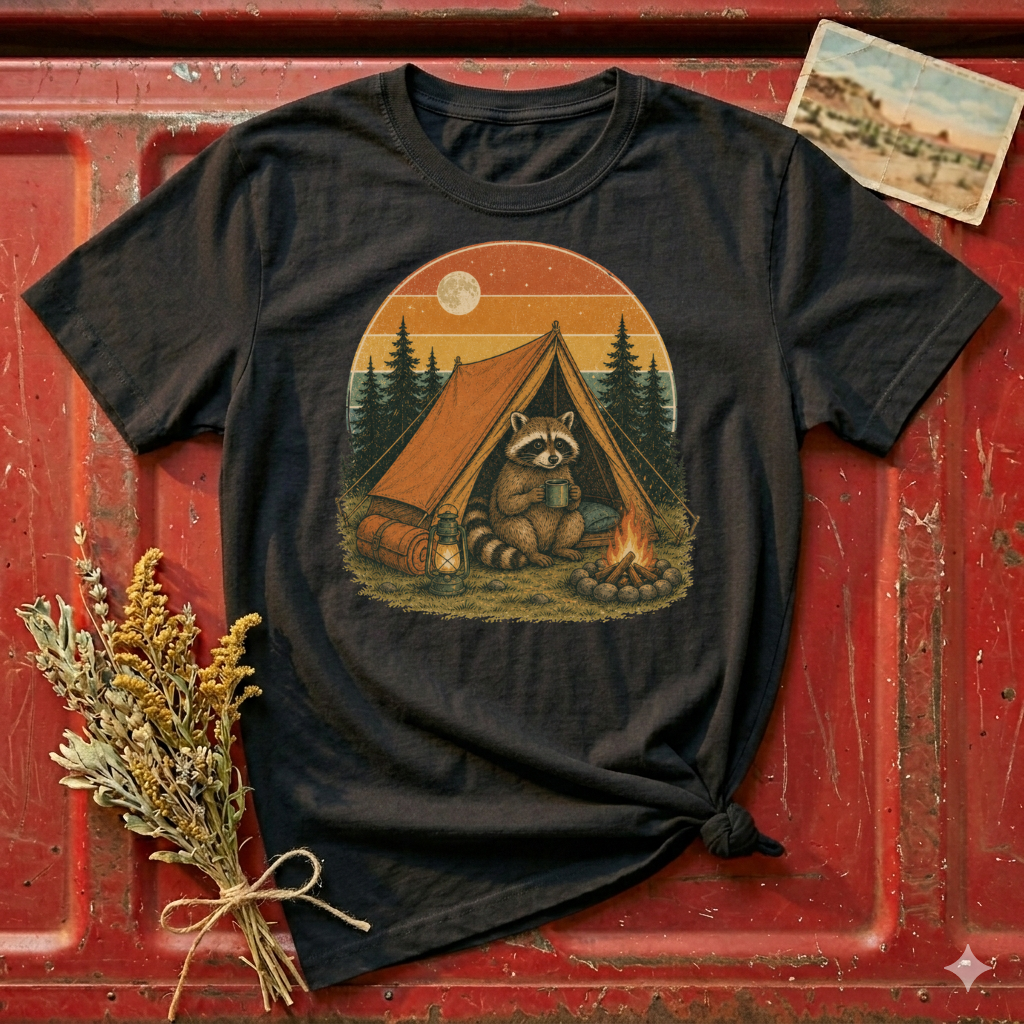 Camping Raccoon T-Shirt — Retro Sunset Tent Outdoor Graphic Tee