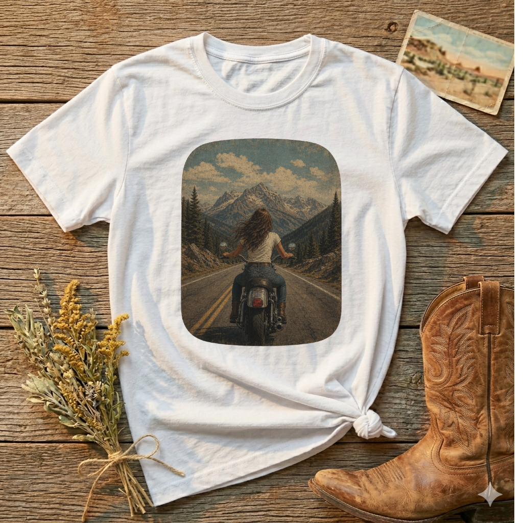 Vintage Road Trip T‑Shirt — Scenic Mountains Motorcycle Graphic