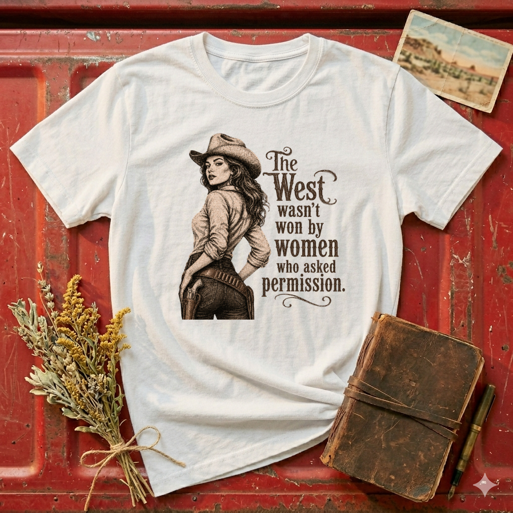 T‑Shirt — “The West Wasn’t Won by Women Who Asked Permission” Vintage Cowgirl Graphic