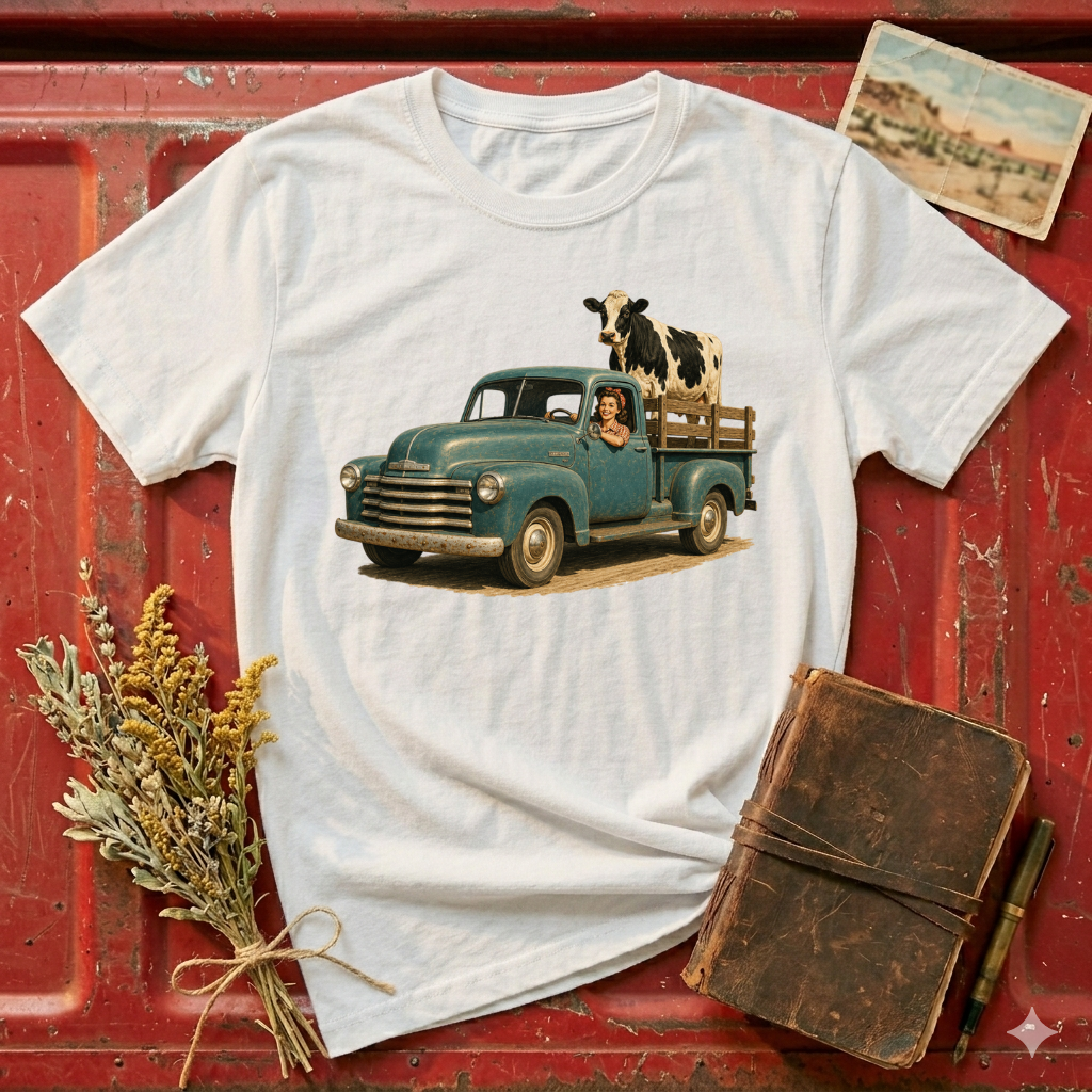 Vintage Farm Truck T-Shirt – Retro Pickup with Cow Graphic