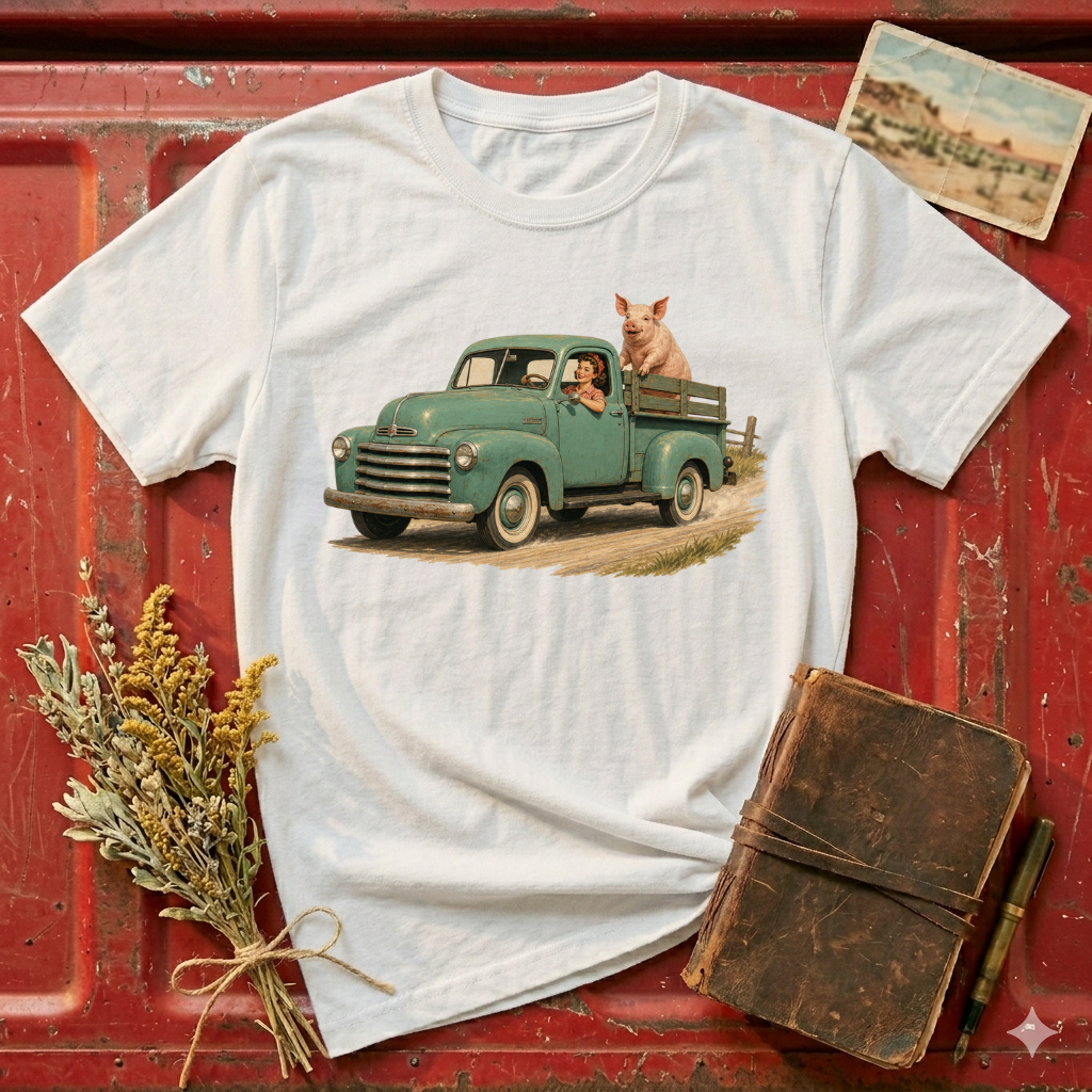 Classic Farm Truck T‑Shirt — Vintage Green Pickup with Pig Graphic
