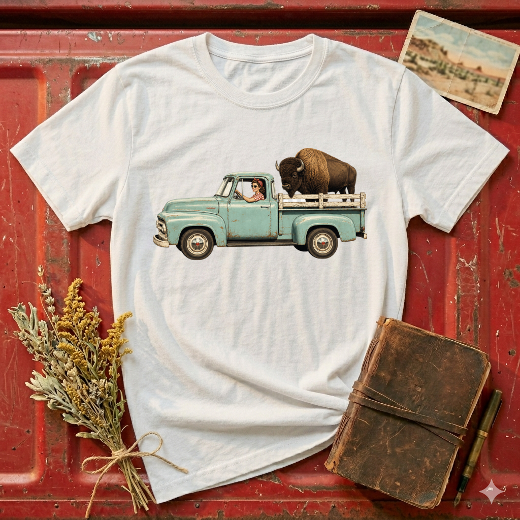 Vintage Truck & Buffalo T-Shirt — Retro Western Road Trip Tee