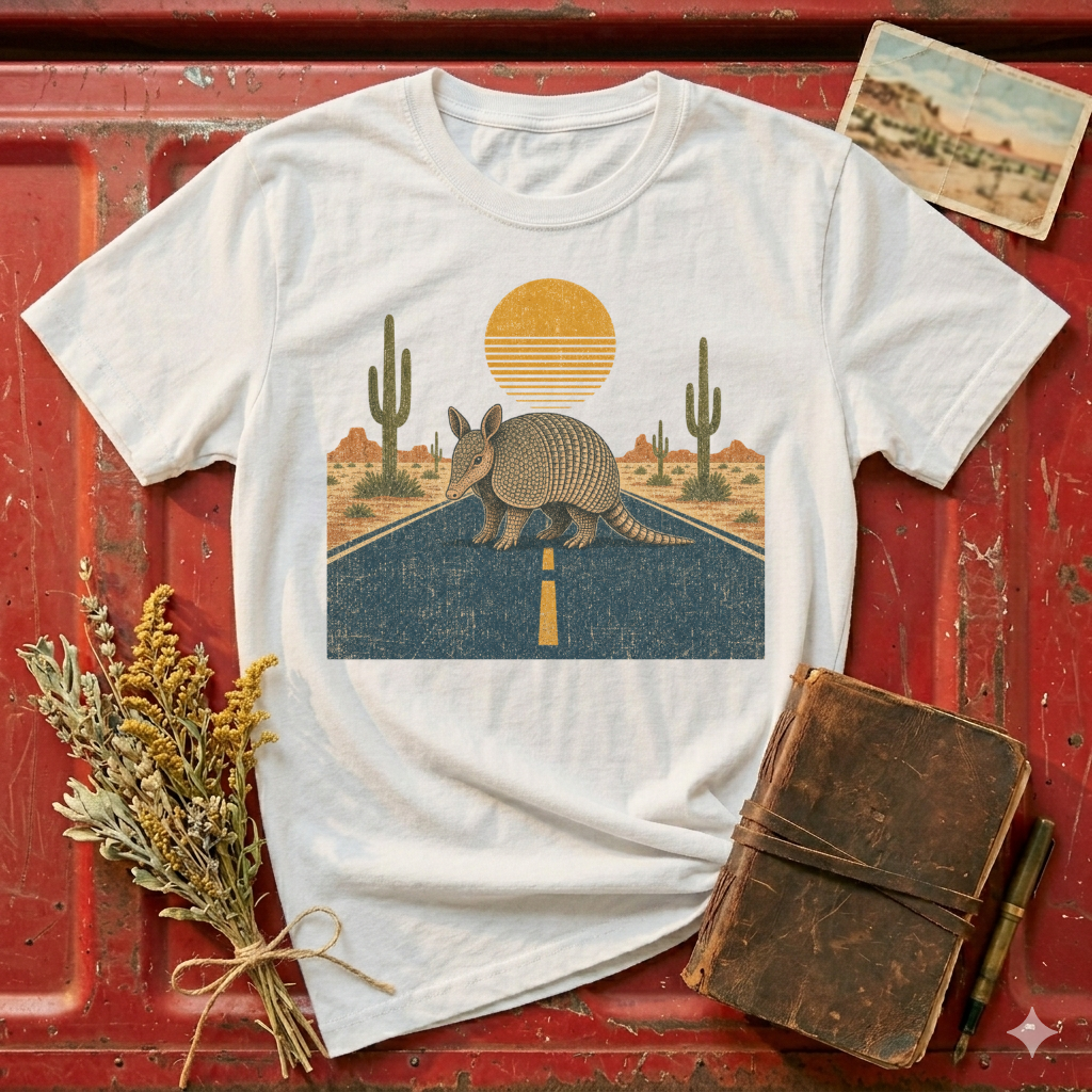 Armadillo Desert Sunset T-Shirt — Retro Cactus Road Wildlife Tee